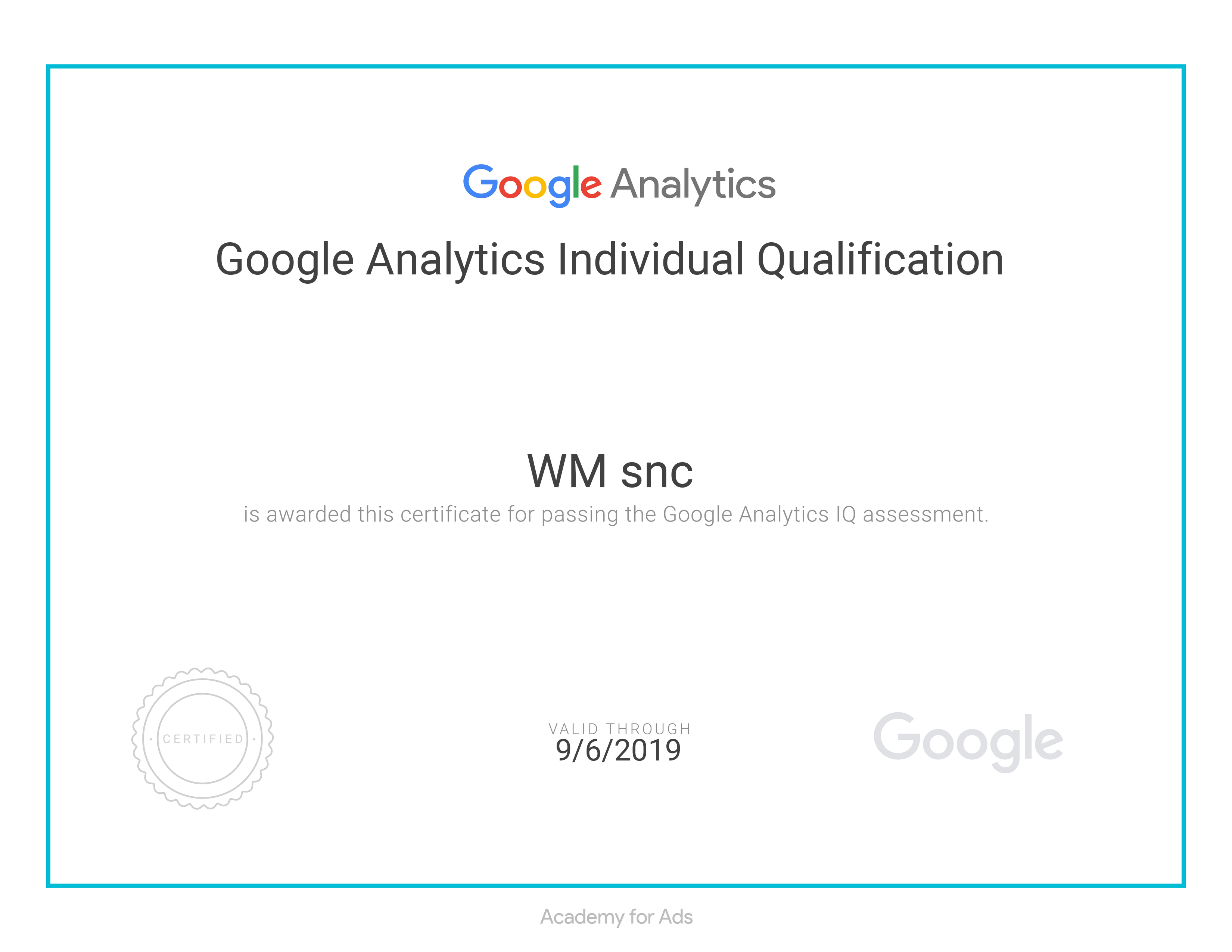 Certificato Google Analytics 2018
